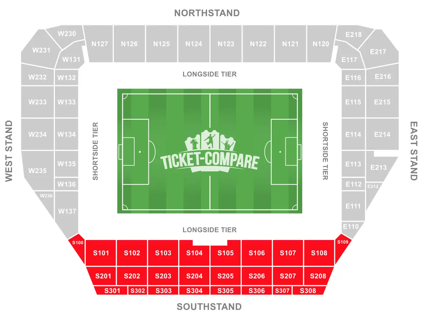 Plan des places Community Stadium avec section Sud surlignée